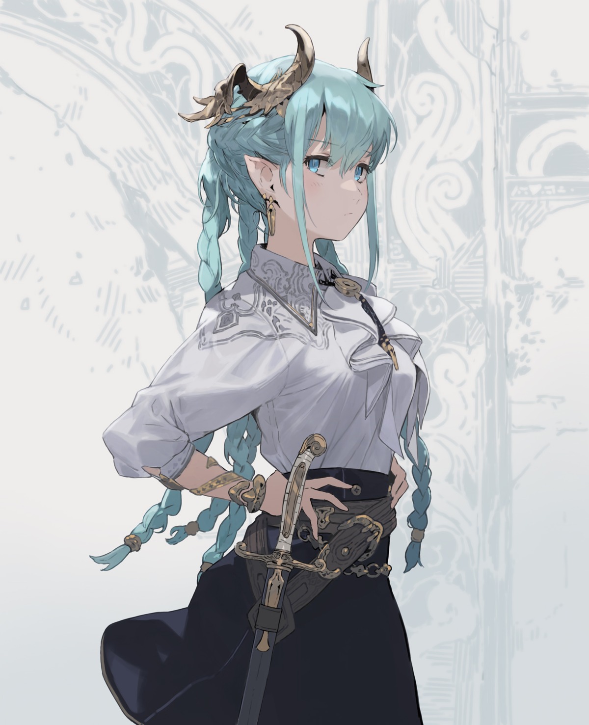 hirooka_masaki horns pointy_ears skirt_lift sword