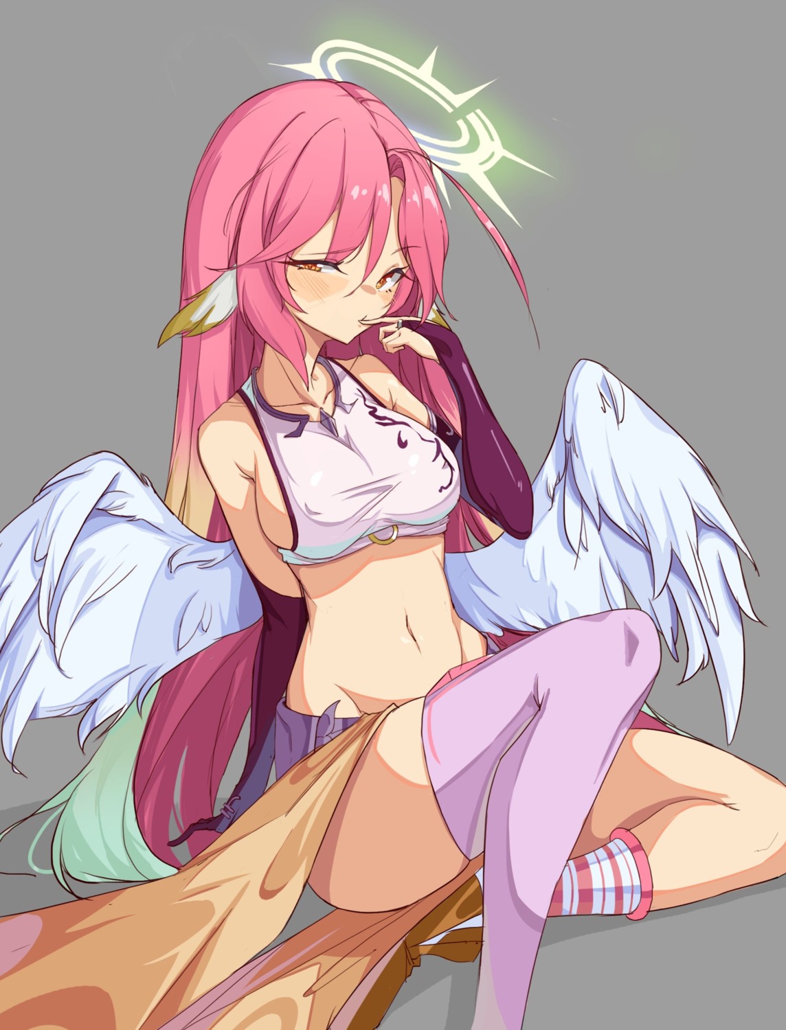 angel animal_ears erect_nipples jibril_(no_game_no_life) kkry99 monster_girl no_bra no_game_no_life thighhighs wings