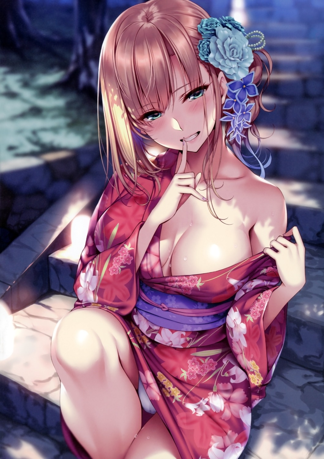 cleavage no_bra open_shirt pantsu piromizu undressing wet yukata