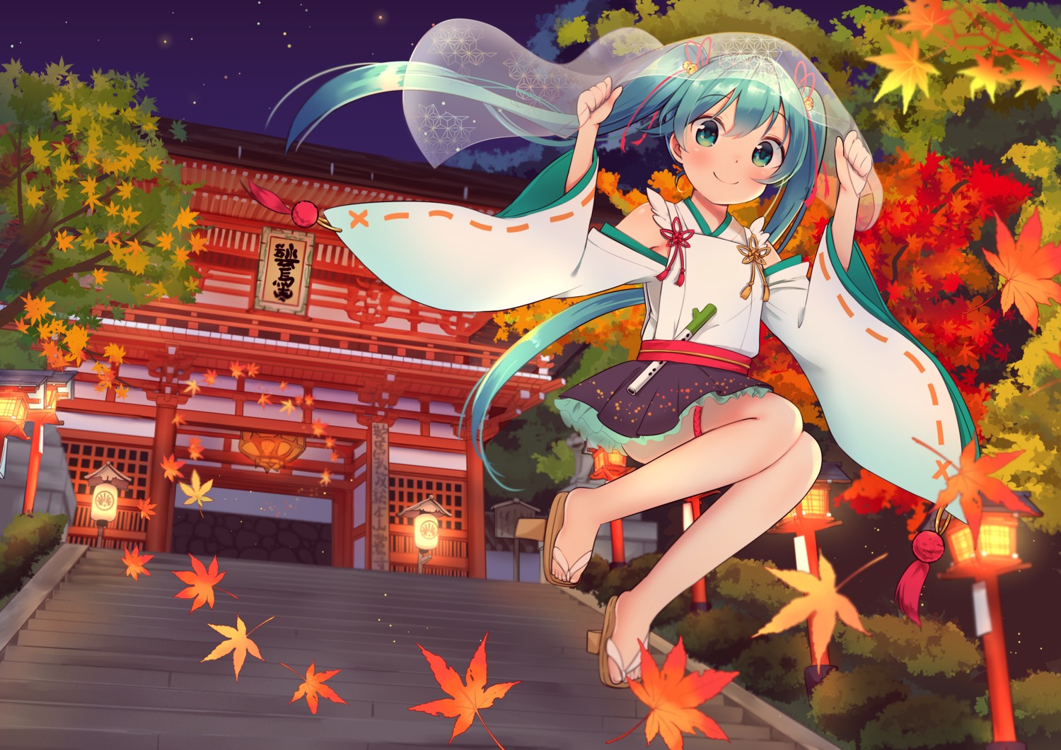 garter hatsune_miku japanese_clothes kyoto_nippon_festival raku_iruka skirt_lift vocaloid