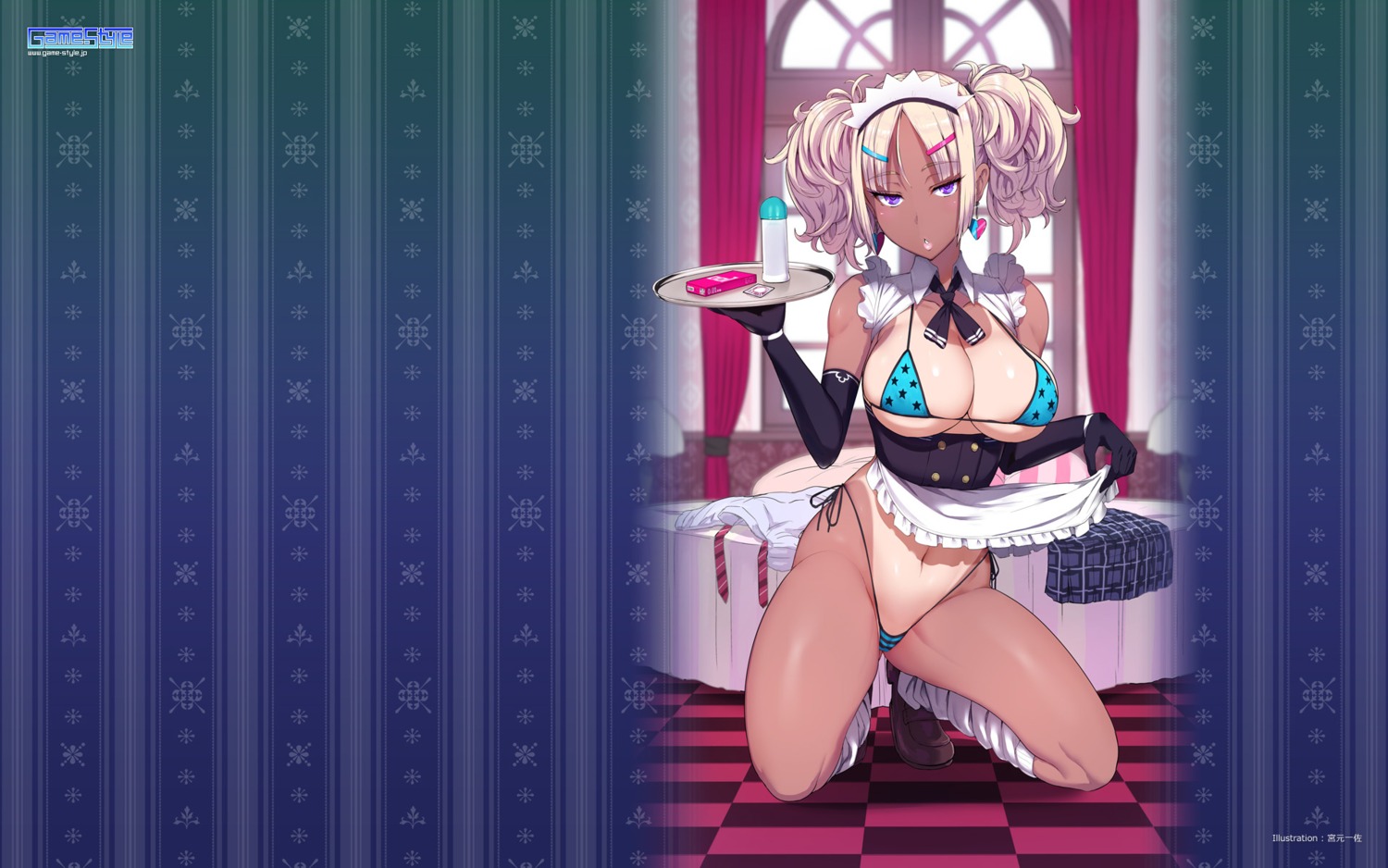 bikini cameltoe erect_nipples game-style maid miyamoto_issa skirt_lift swimsuits tan_lines wallpaper