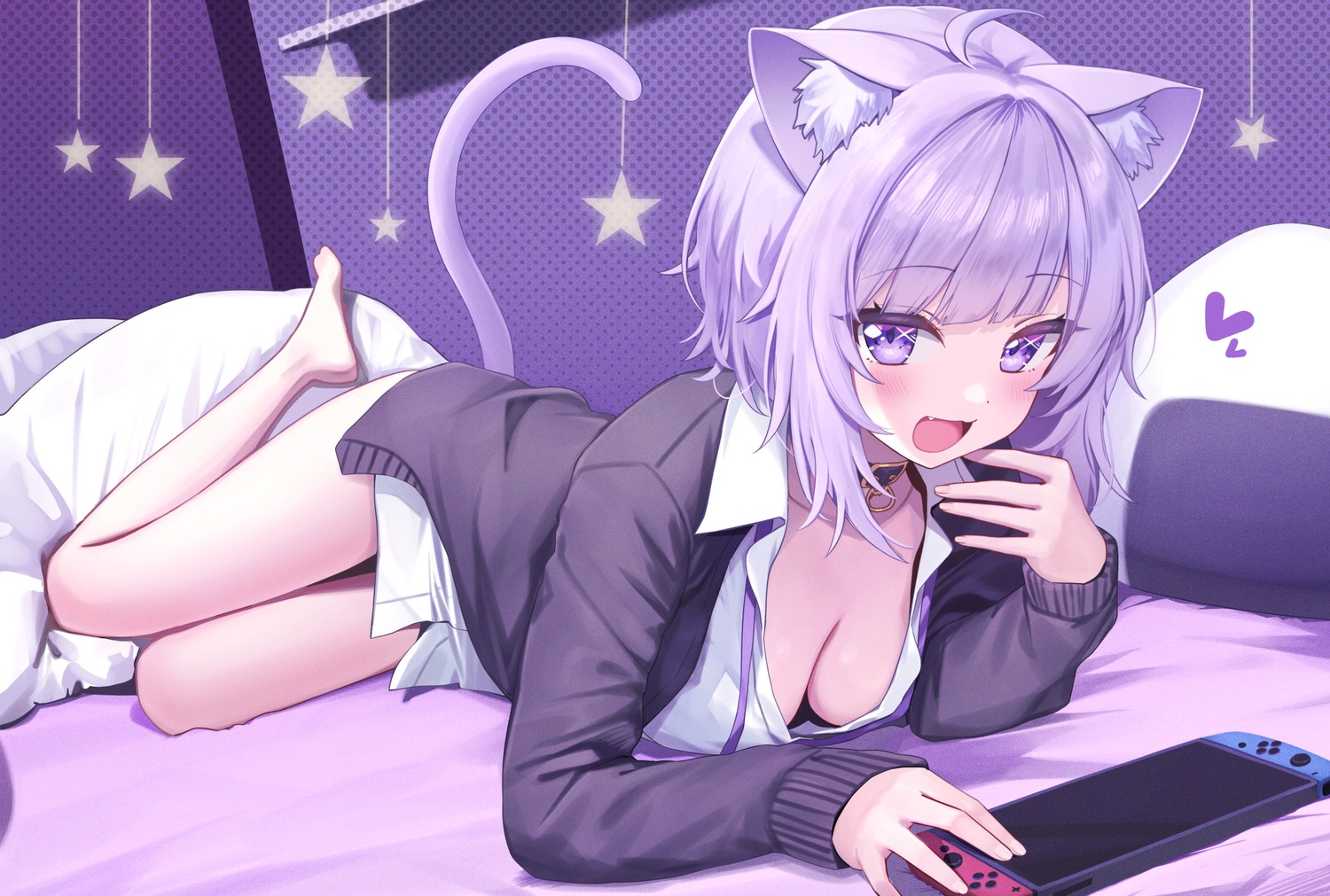 animal_ears deadnooodles dress_shirt hololive hololive_gamers nekomata_okayu nekomimi no_bra open_shirt sweater tail