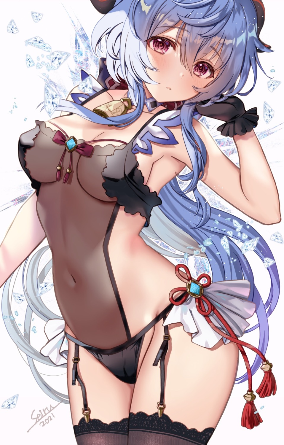 cameltoe erect_nipples ganyu genshin_impact hijiri_ruka horns lingerie no_bra pantsu see_through stockings thighhighs