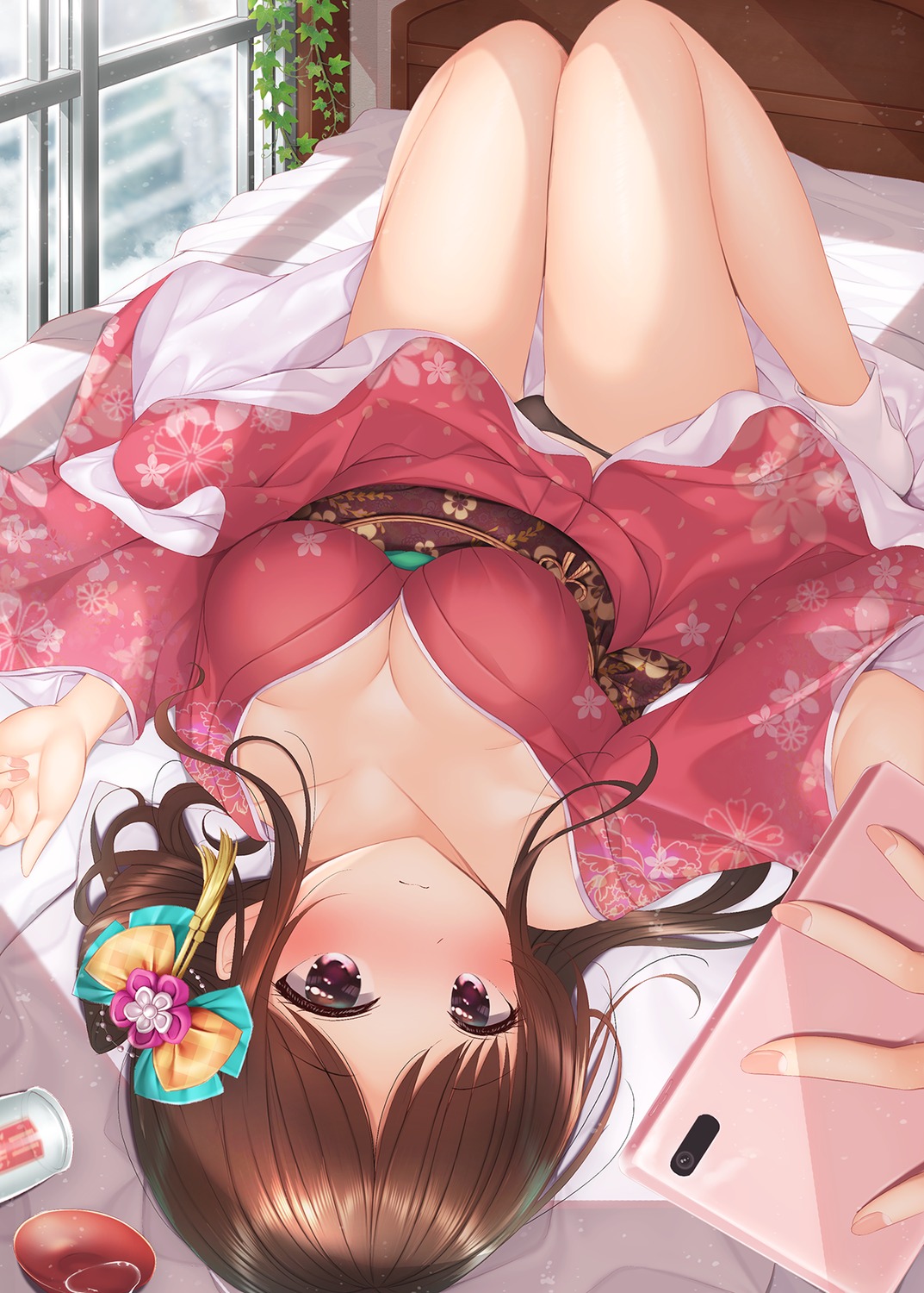 cleavage kimono minato_ojitan no_bra open_shirt pantsu skirt_lift