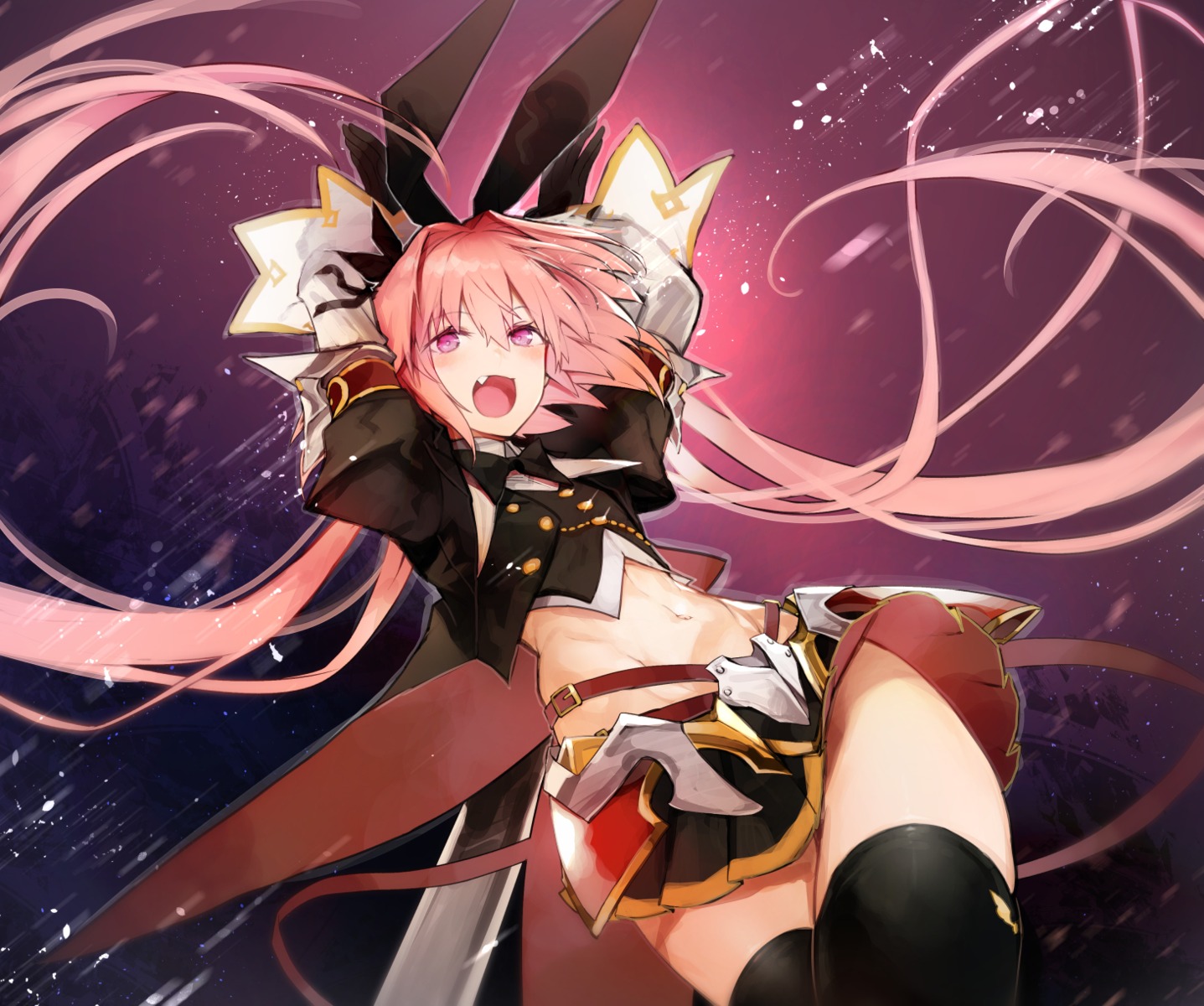 animal_ears astolfo_(fate) bunny_ears fate/grand_order nishiide_kengorou skirt_lift sword thighhighs trap