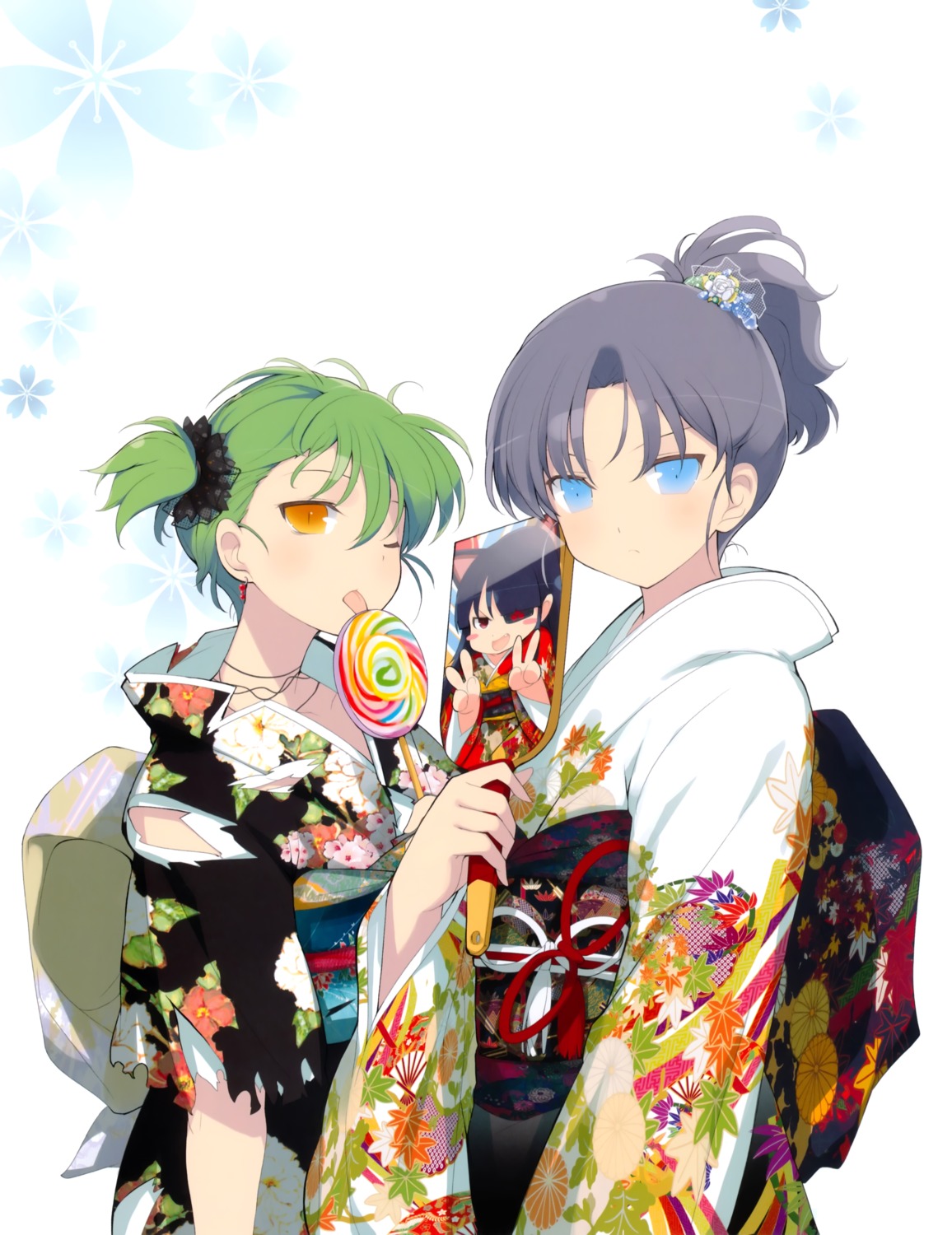 animal_ears chibi eyepatch hikage kimono mirai_(senran_kagura) nekomimi senran_kagura torn_clothes yaegashi_nan yumi_(senran_kagura)