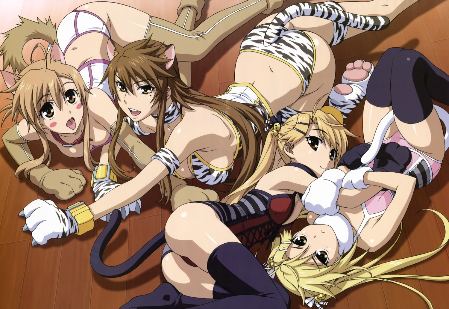 animal_ears cleavage kirishima_akari kirishima_kotone mizuno_kaede morita_kazuaki nekomimi nyan_koi pantsu sumiyoshi_kanako tail thighhighs