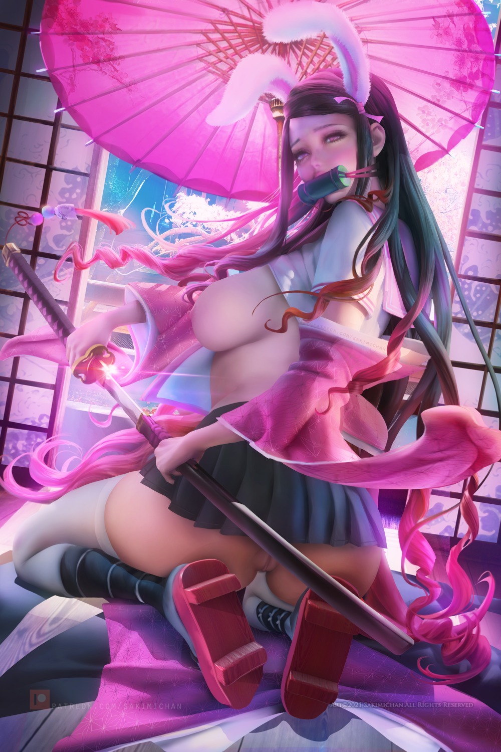 animal_ears ass breasts bunny_ears kamado_nezuko kimetsu_no_yaiba nipples no_bra nopan pussy sakimichan seifuku shirt_lift skirt_lift sword thighhighs umbrella