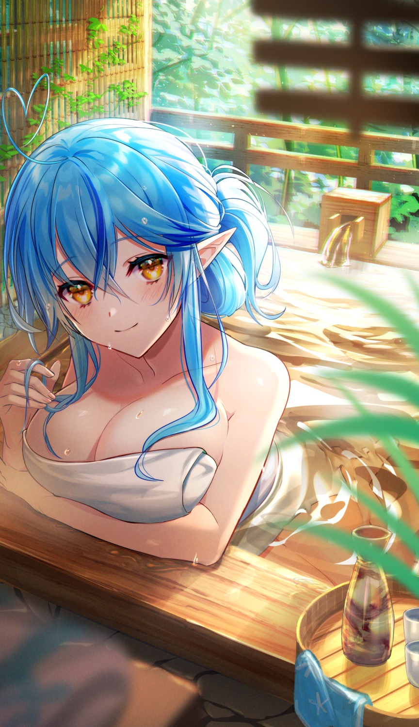 bathing elf hololive pointy_ears shandega towel wet yukihana_lamy