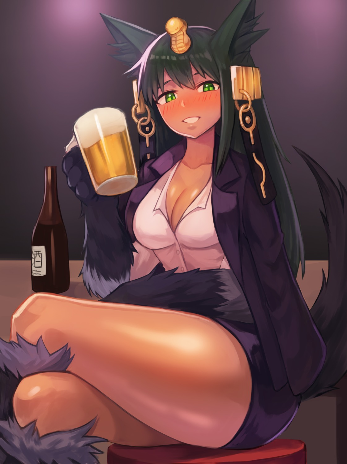 animal_ears anubis_(monster_girl_encyclopedia) business_suit cleavage monster_girl monster_girl_encyclopedia sookmo tail