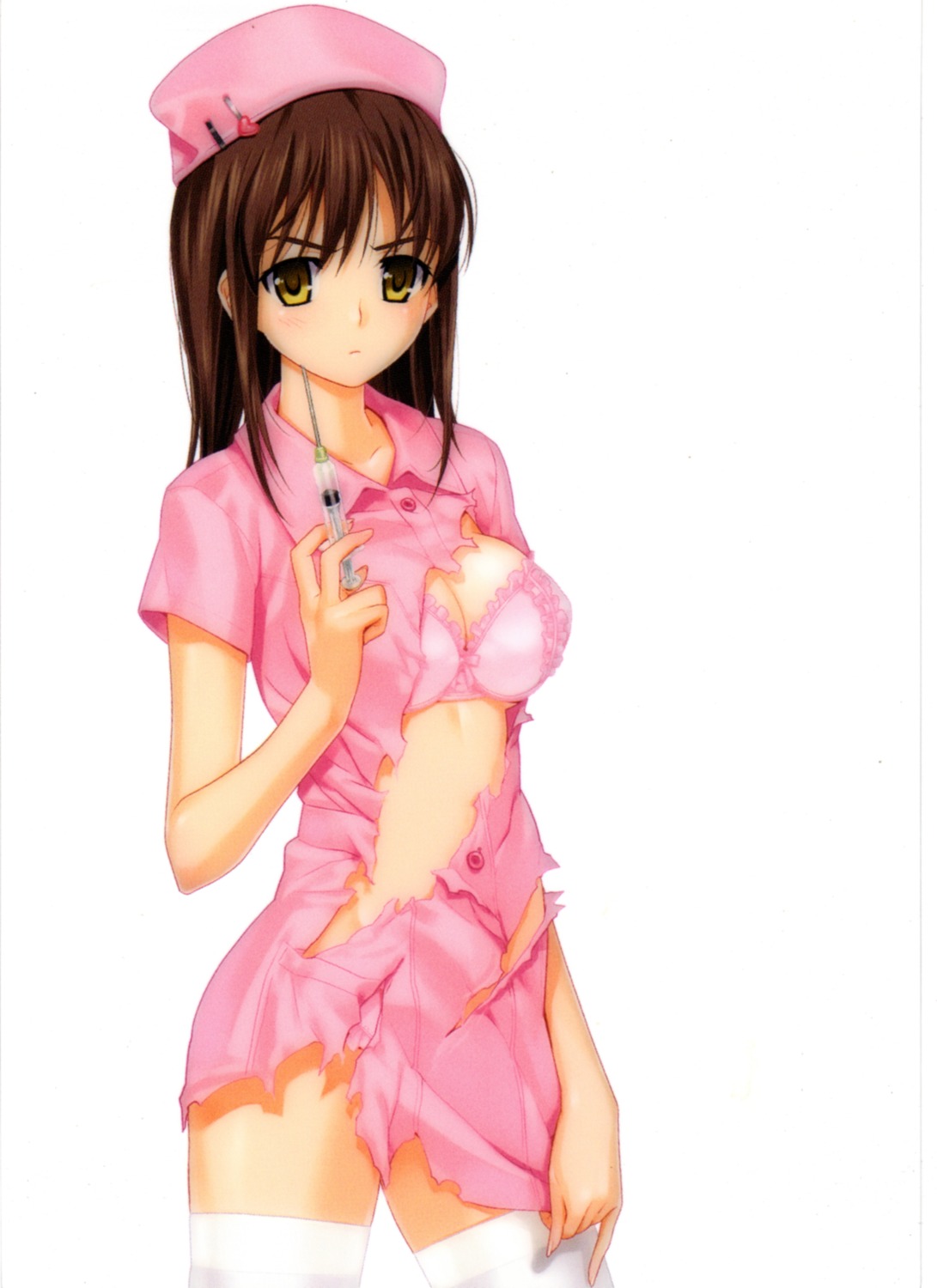 bra cleavage daimonji_emi happoubi_jin nurse screening thighhighs torn_clothes zettai_shougeki_platonic_heart