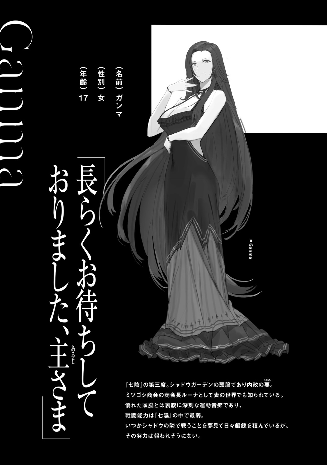 cleavage dress gamma_(kage_no_jitsuryokusha_ni_naritakute!) kage_no_jitsuryokusha_ni_naritakute! monochrome profile_page text touzai