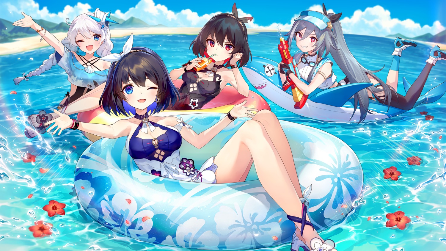 ainy benghuai_xueyuan cleavage fu_hua_(herrscher_of_sentience) gun heels honkai_impact kiana_kaslana seele_vollerei skirt_lift thighhighs veliona_(seele_vollerei_alter) wet