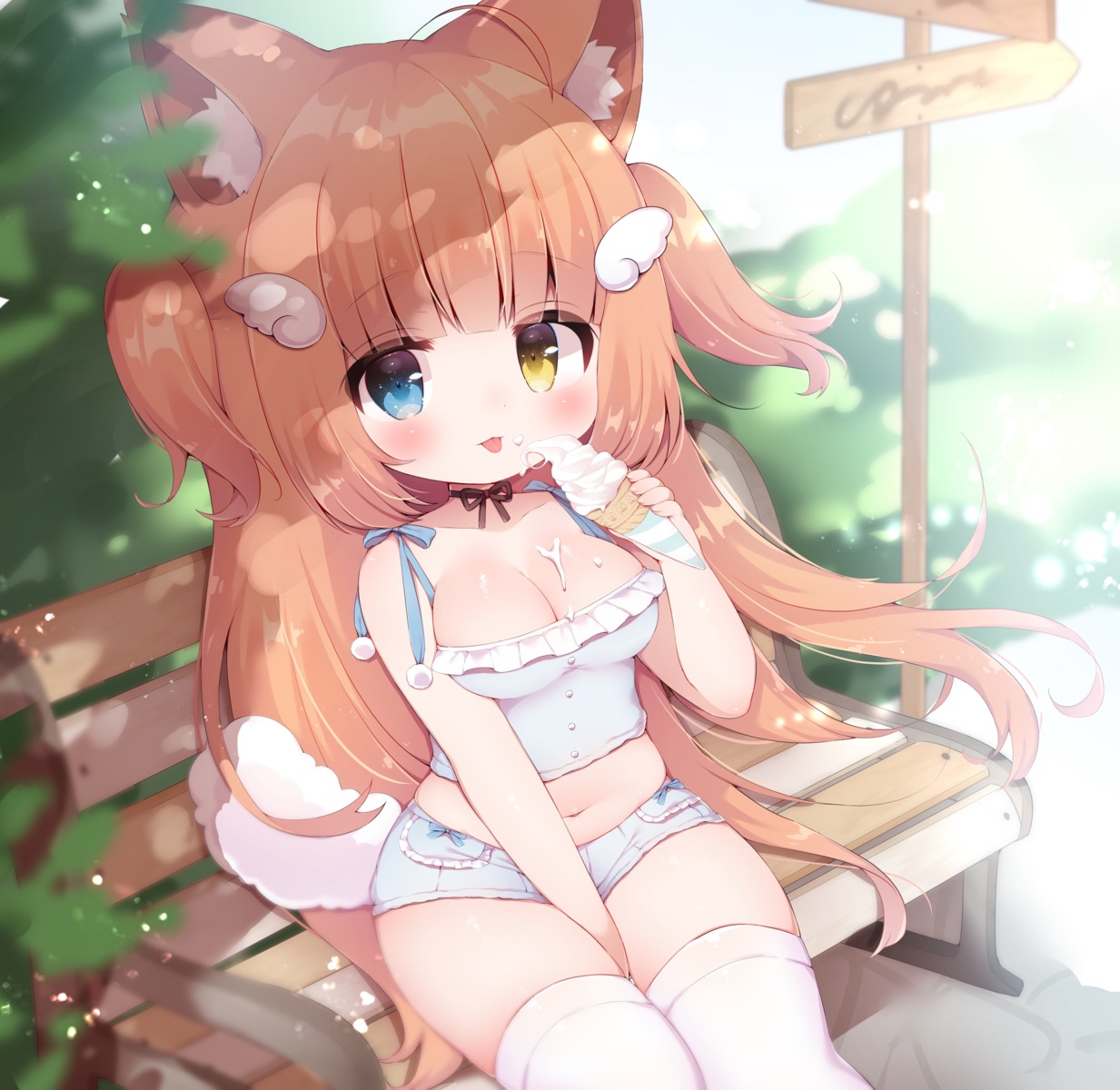 animal_ears chibi cream heterochromia momozu_komamochi swimsuits tail thighhighs