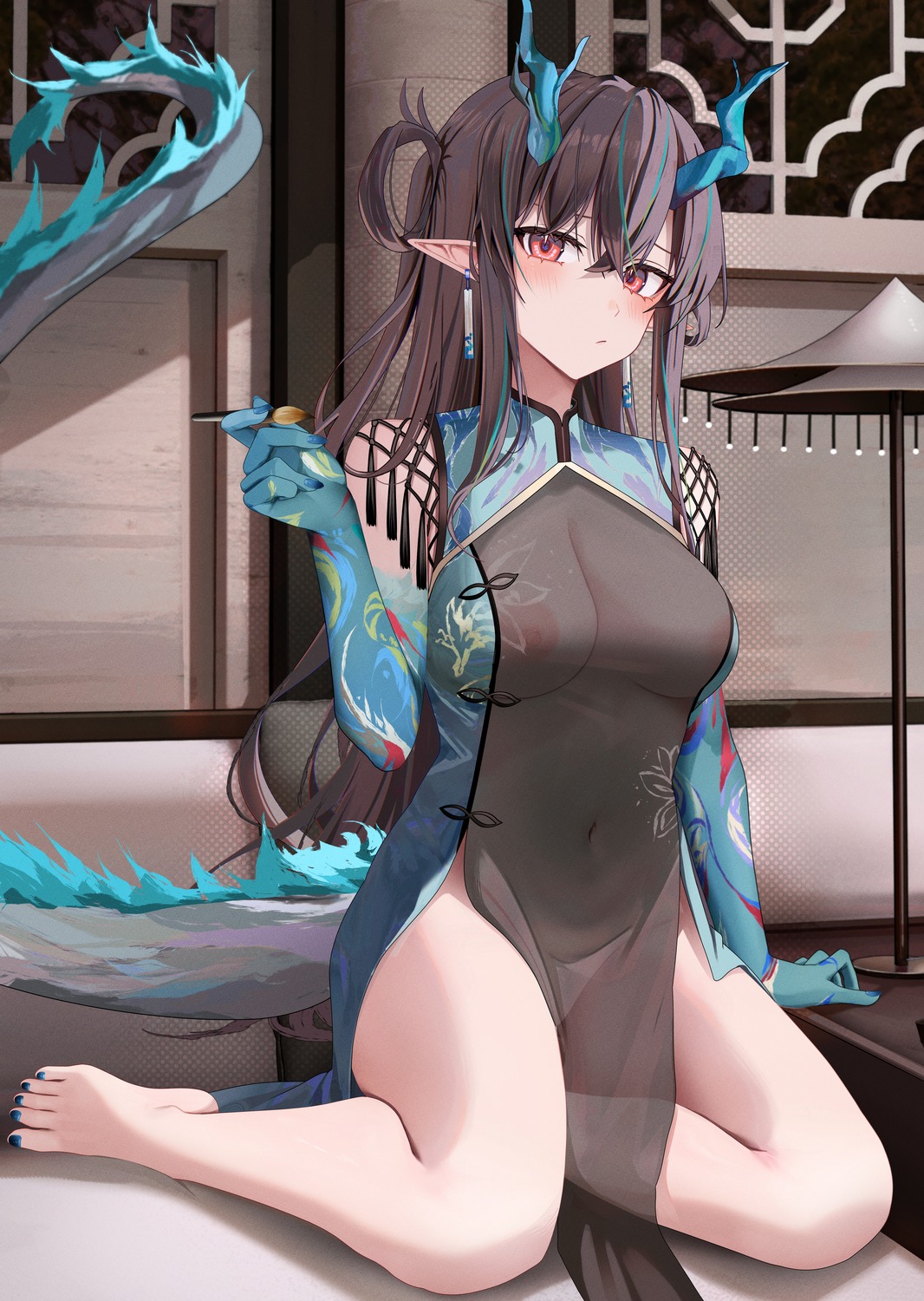 arknights chinadress dusk_(arknights) horns nipples pointy_ears ru_zhai see_through tail