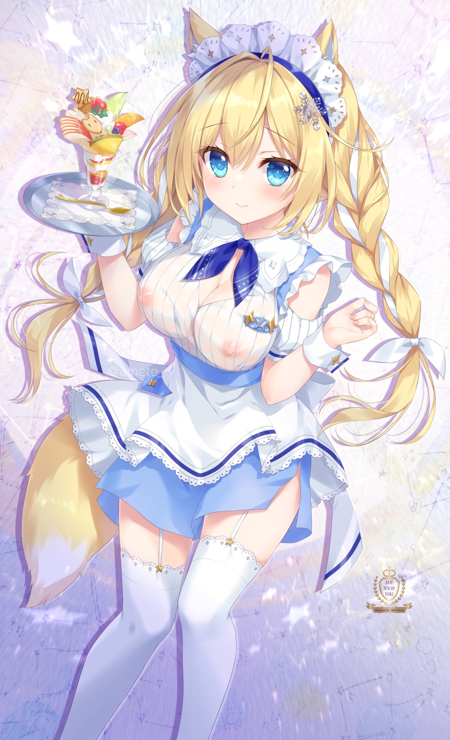 ameto_yuki animal_ears kitsune maid nipples no_bra see_through spica_(ameto_yuki) stockings tail thighhighs waitress