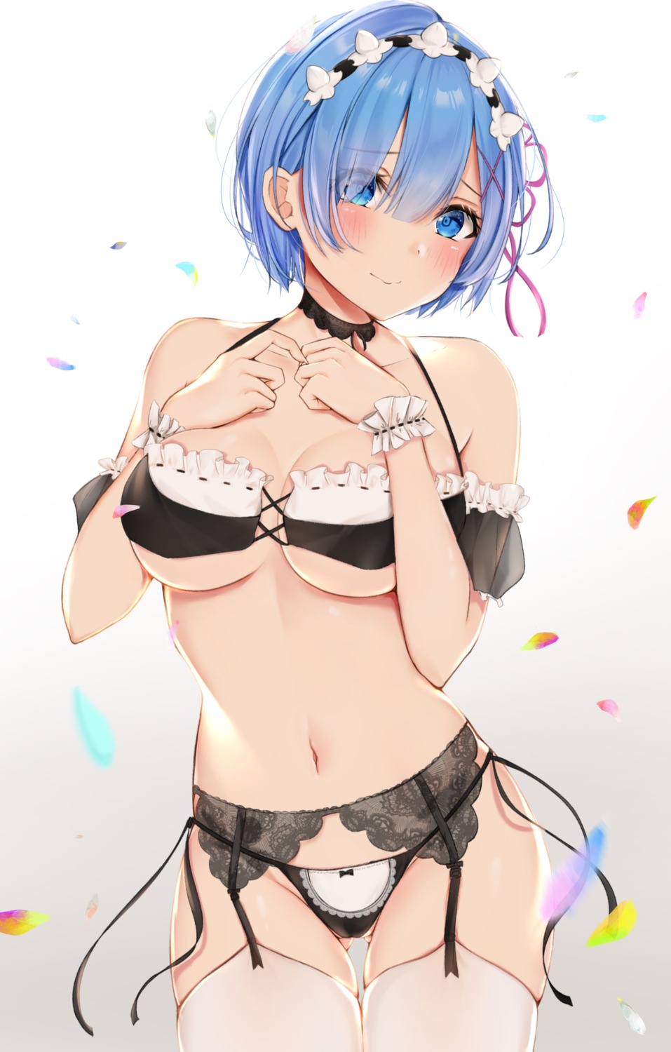 bra breast_hold garter_belt lingerie pantsu re_zero_kara_hajimeru_isekai_seikatsu rem_(re_zero) stockings string_panties thighhighs uiri-na