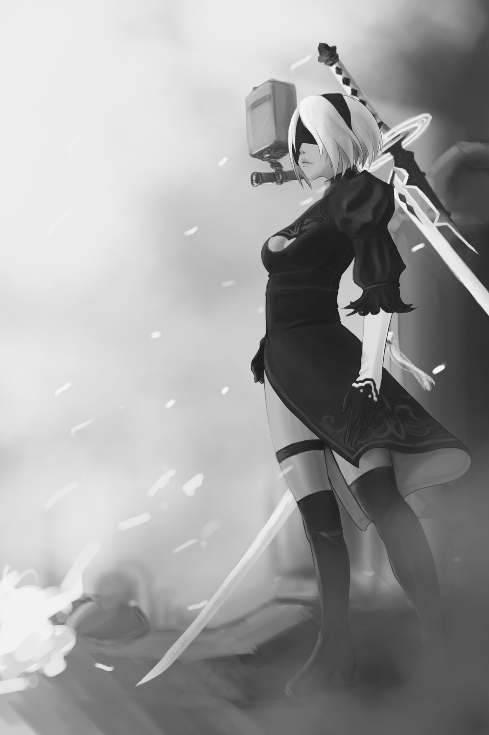 aim_yuki cleavage dress heels monochrome nier_automata sword thighhighs yorha_no.2_type_b