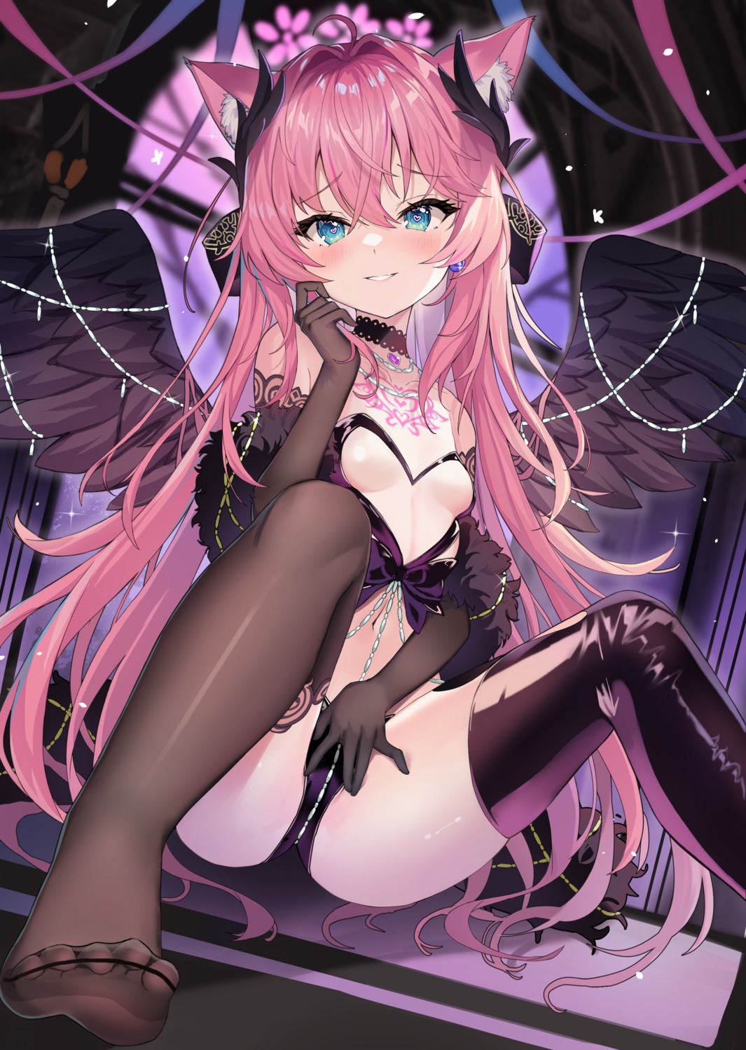 animal_ears feet indie_virtual_youtuber loli nekomimi no_bra pantsu pu_ht sakurada_hane tattoo thighhighs thong wings