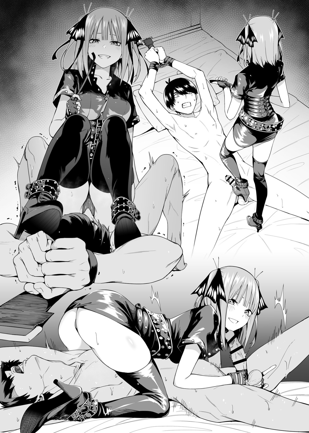 5-toubun_no_hanayome ass bondage censored chicke_iii footjob handjob heels monochrome nakano_nino pantsu penis skirt_lift thighhighs thong uesugi_fuutarou weapon