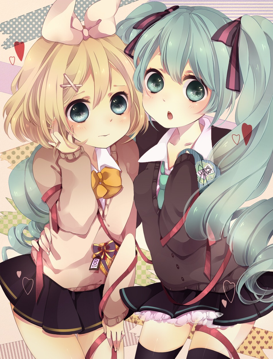 hatsune_miku kagamine_rin mata seifuku thighhighs valentine vocaloid