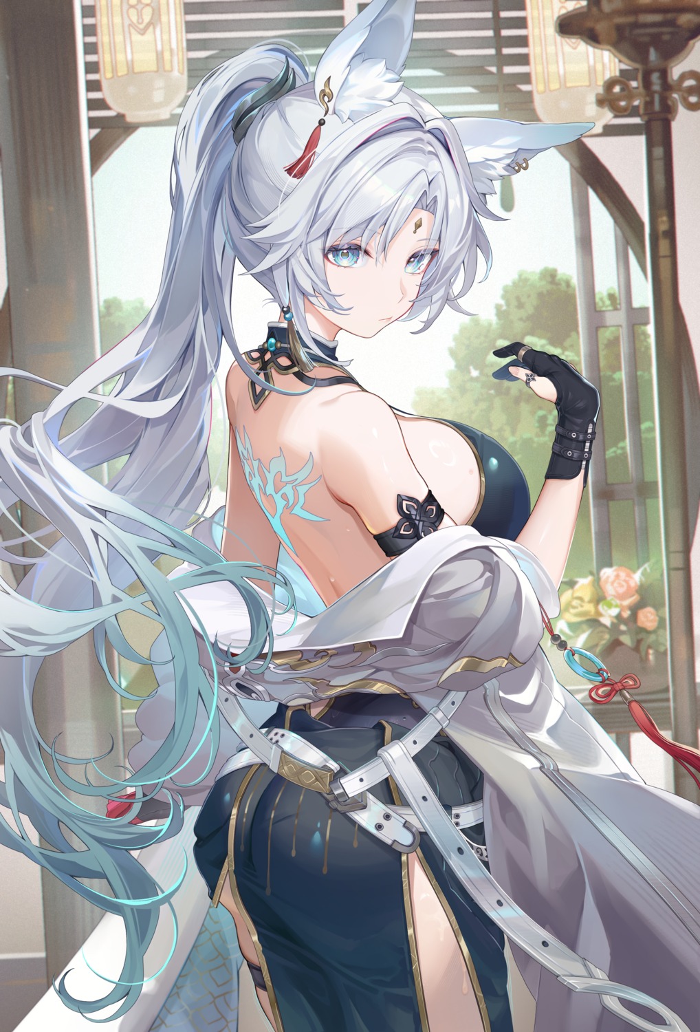 animal_ears asian_clothes ass feixiao garter honkai:_star_rail machi_(7769) no_bra tattoo