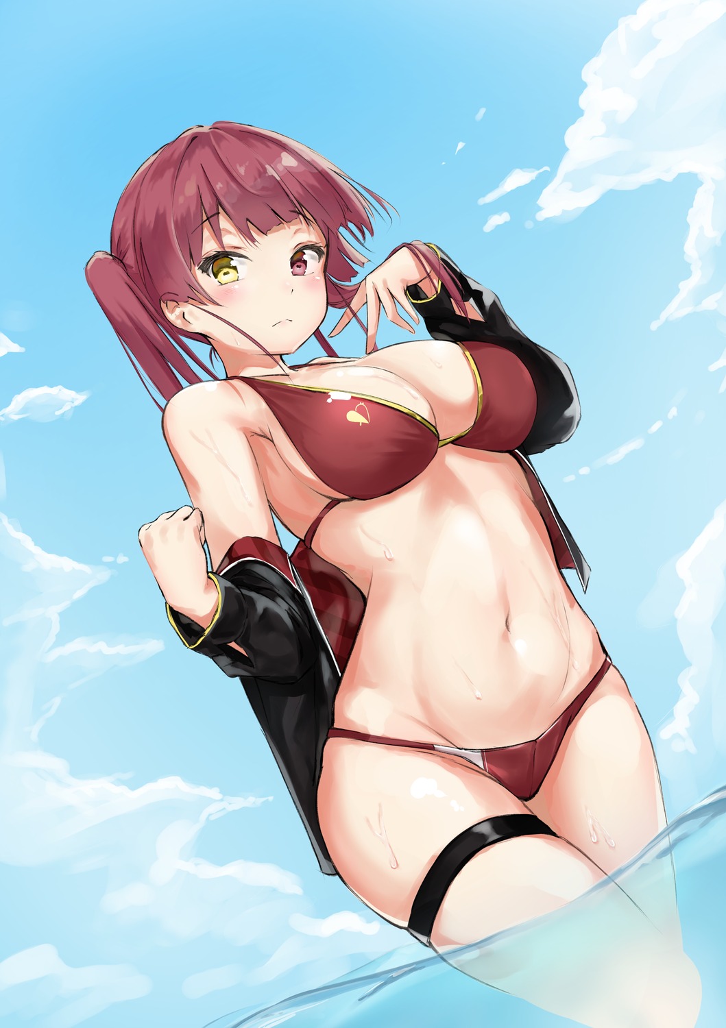 bikini garter heterochromia hololive houshou_marine komasi open_shirt swimsuits wet