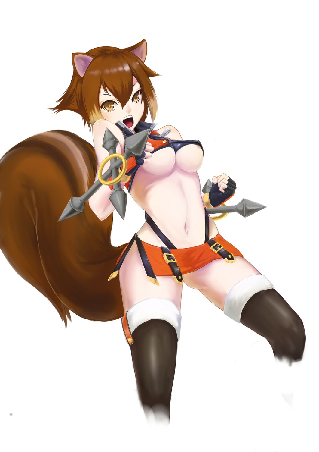 animal_ears areola blazblue blazblue:_calamity_trigger blazblue:_chronophantasma blazblue:_continuum_shift erect_nipples makoto_nanaya no_bra tagme tail thighhighs underboob weapon