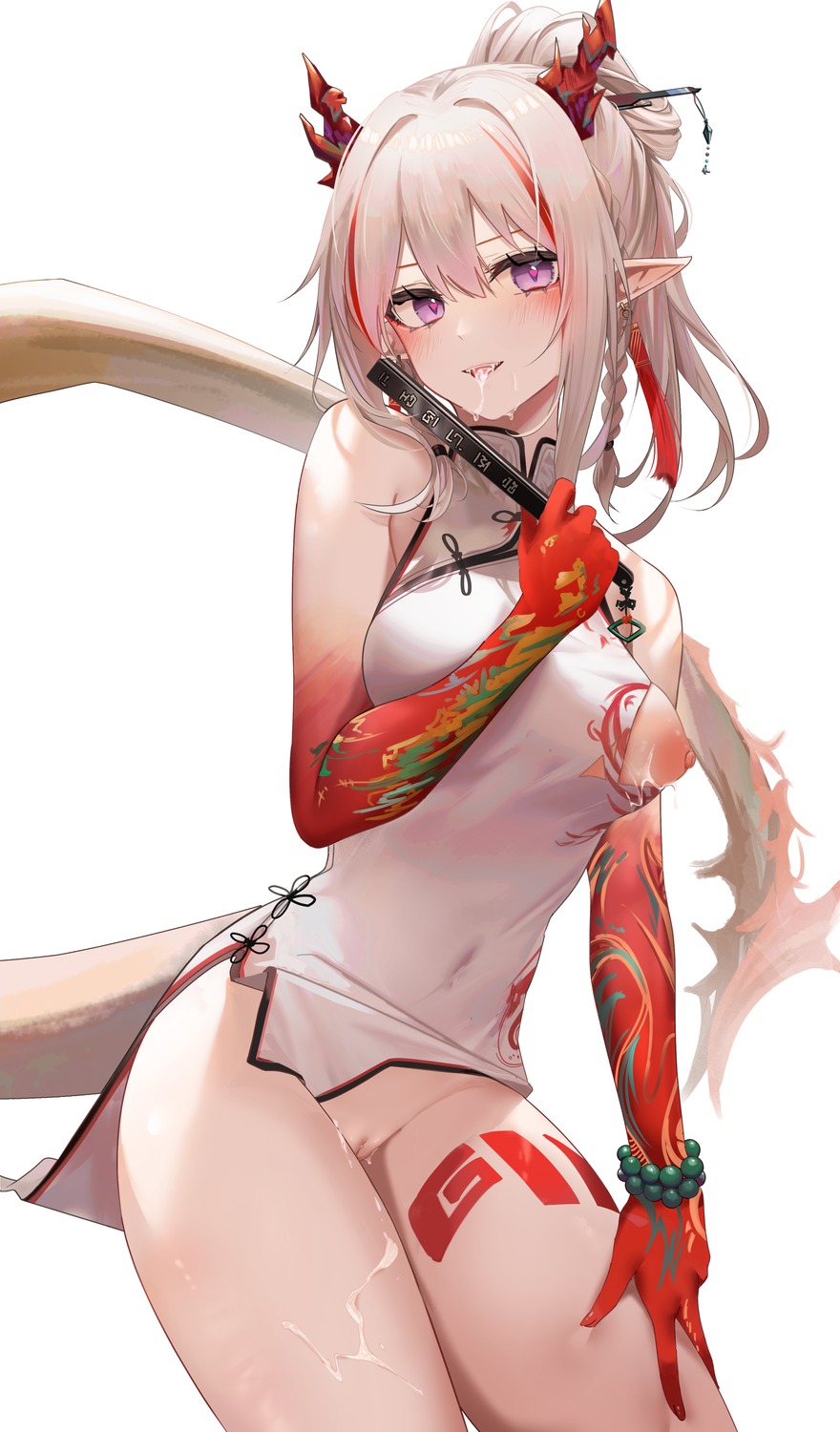 arknights chinadress horns nian_(arknights) nipples no_bra nopan pointy_ears pussy ru_zhai skirt_lift tail tattoo torn_clothes uncensored