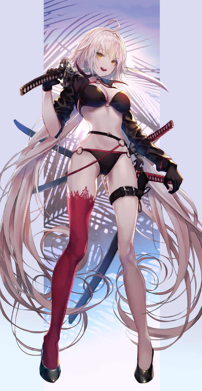 bikini cleavage fate/grand_order garter heels jeanne_d'arc jeanne_d'arc_(alter)_(fate) seol swimsuits sword thighhighs