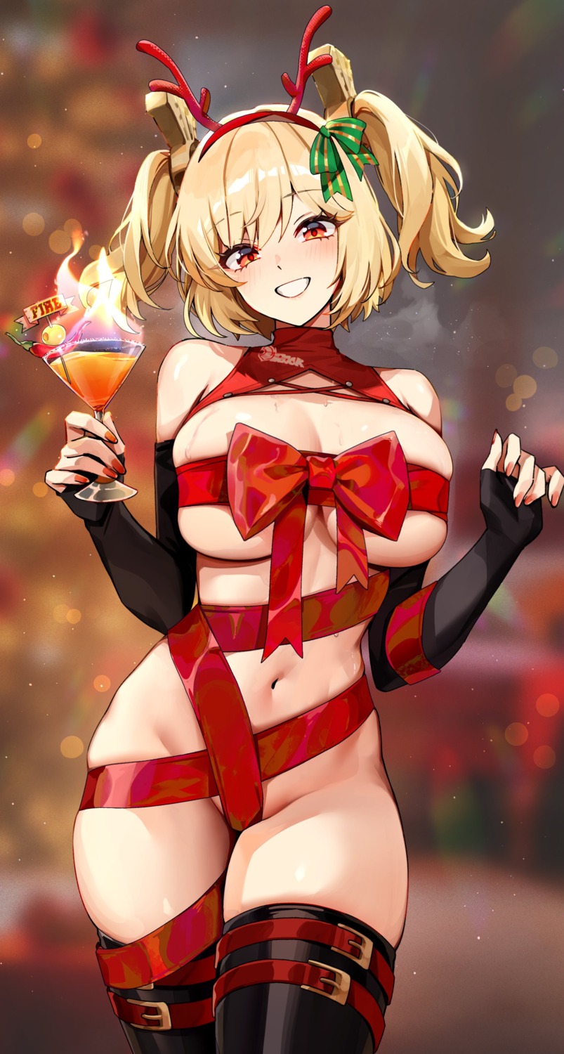 bottomless burnice_white christmas foxy_rain garter horns no_bra thighhighs wet zenless_zone_zero