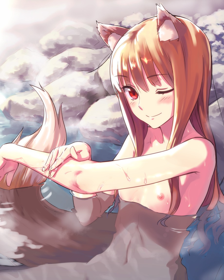 animal_ears holo kawakami_rokkaku naked nipples onsen spice_and_wolf tail