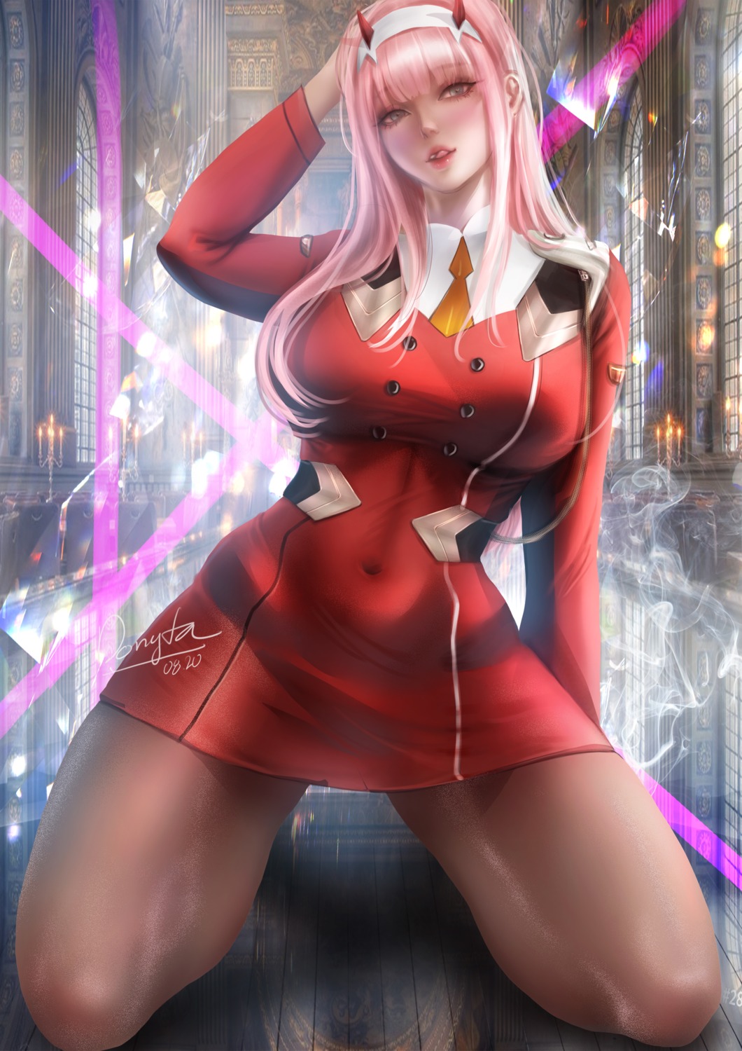 darling_in_the_franxx donyta horns pantyhose uniform zero_two_(darling_in_the_franxx)