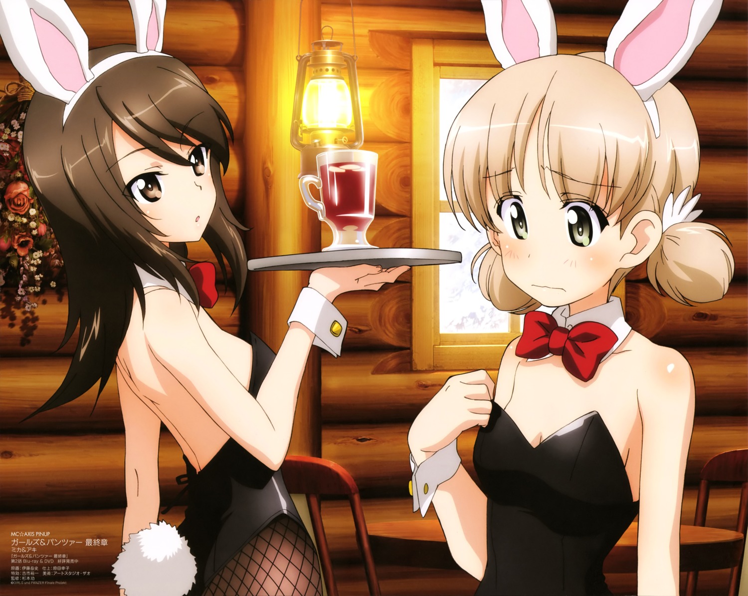 aki_(girls_und_panzer) animal_ears bunny_ears bunny_girl cleavage fishnets girls_und_panzer itou_takeshi mika_(girls_und_panzer) no_bra pantyhose tail