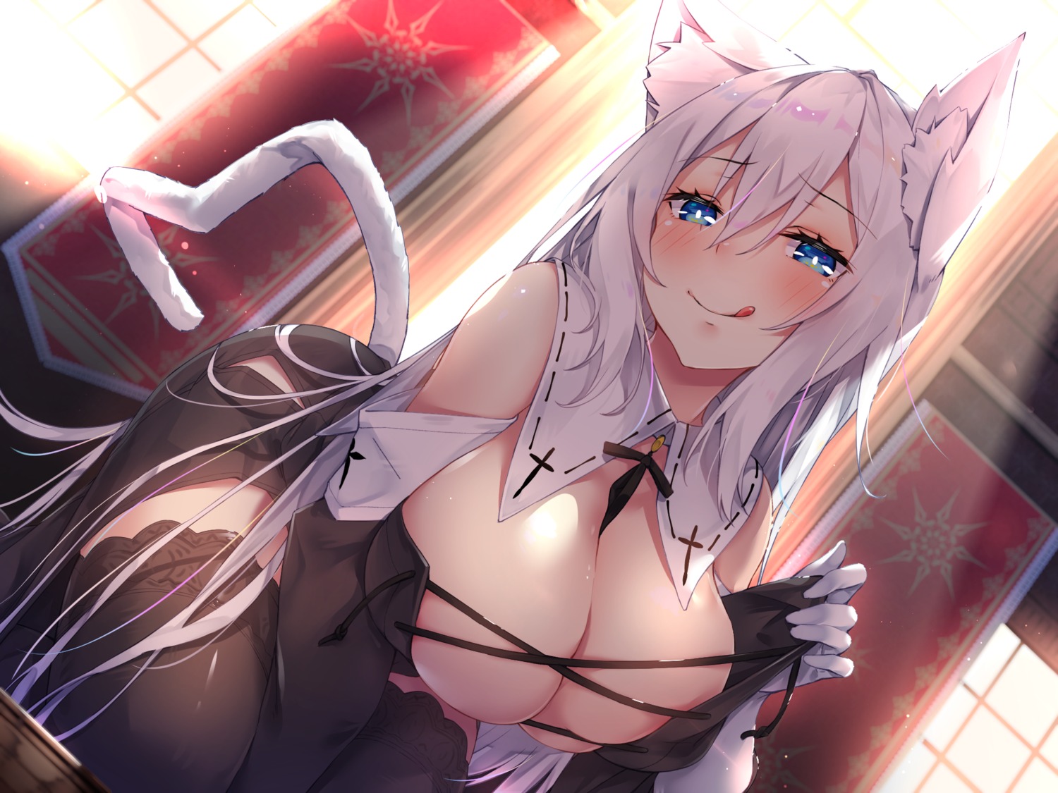 animal_ears nekomimi no_bra nun rozea tail thighhighs undressing