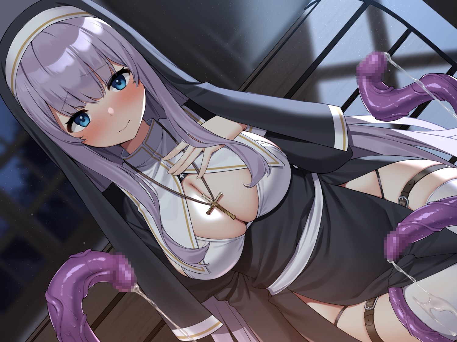 cleavage cum garter no_bra nun pantsu suiroh tentacles thighhighs