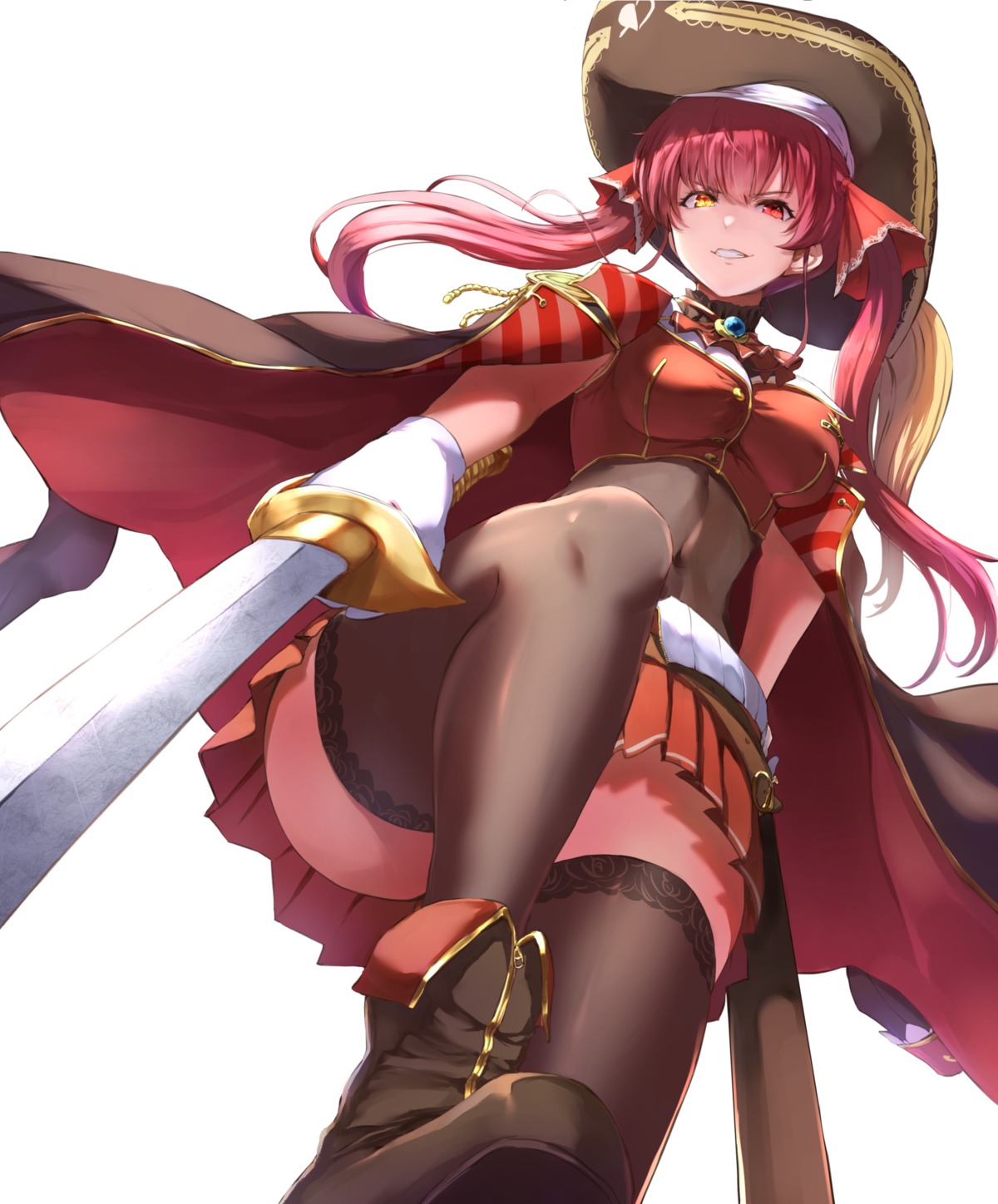 heterochromia hololive houshou_marine jojobirdz pirate skirt_lift sword thighhighs