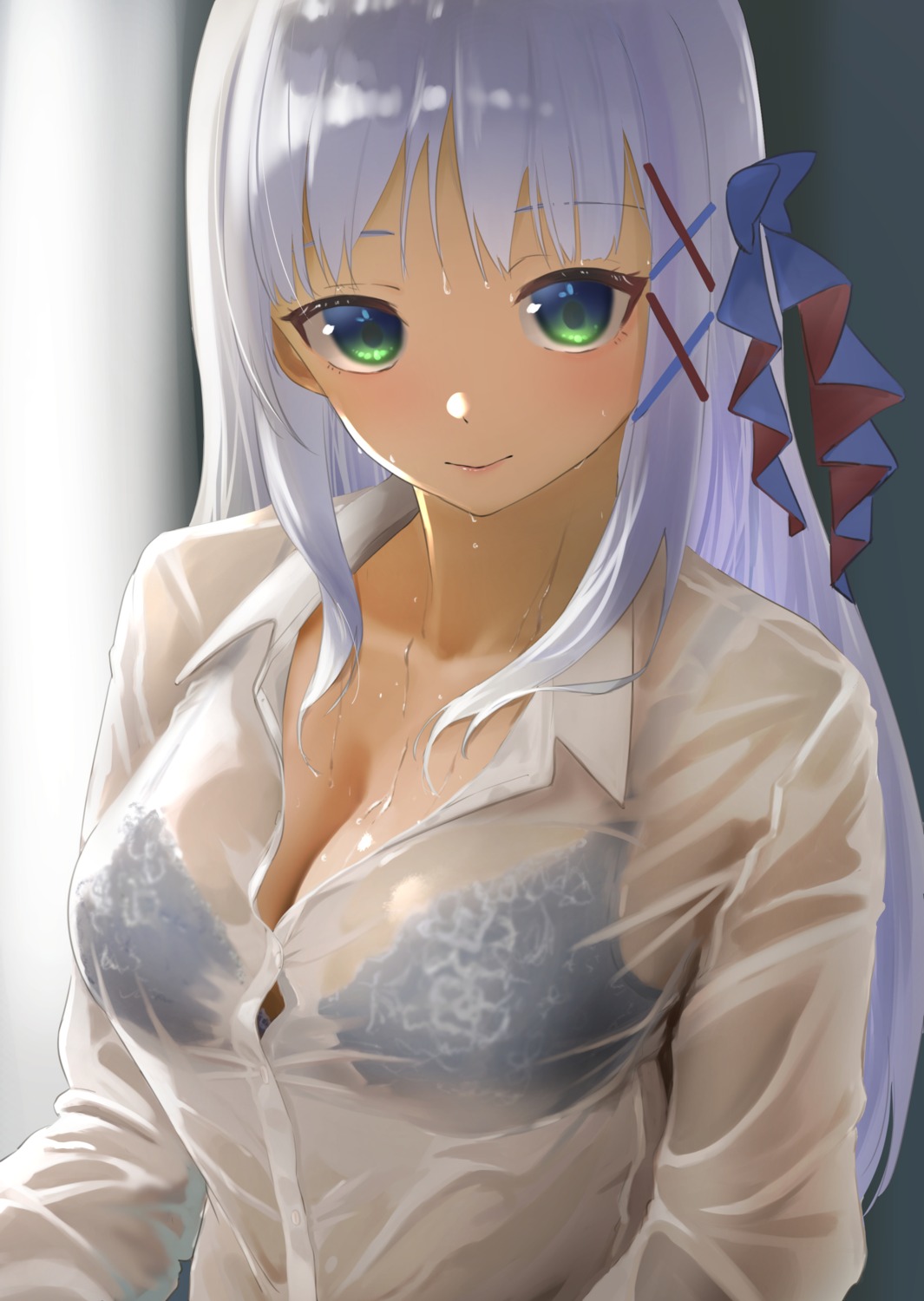 bra dress_shirt see_through tama_(seiga46239239) wet wet_clothes