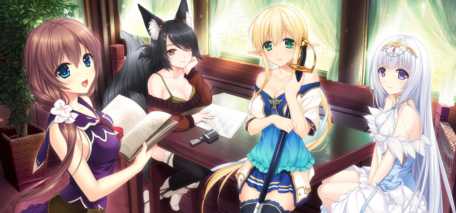 animal_ears cleavage cosmic_cute dress muutsuki pointy_ears sword tail thighhighs unjou_no_fairy_tale