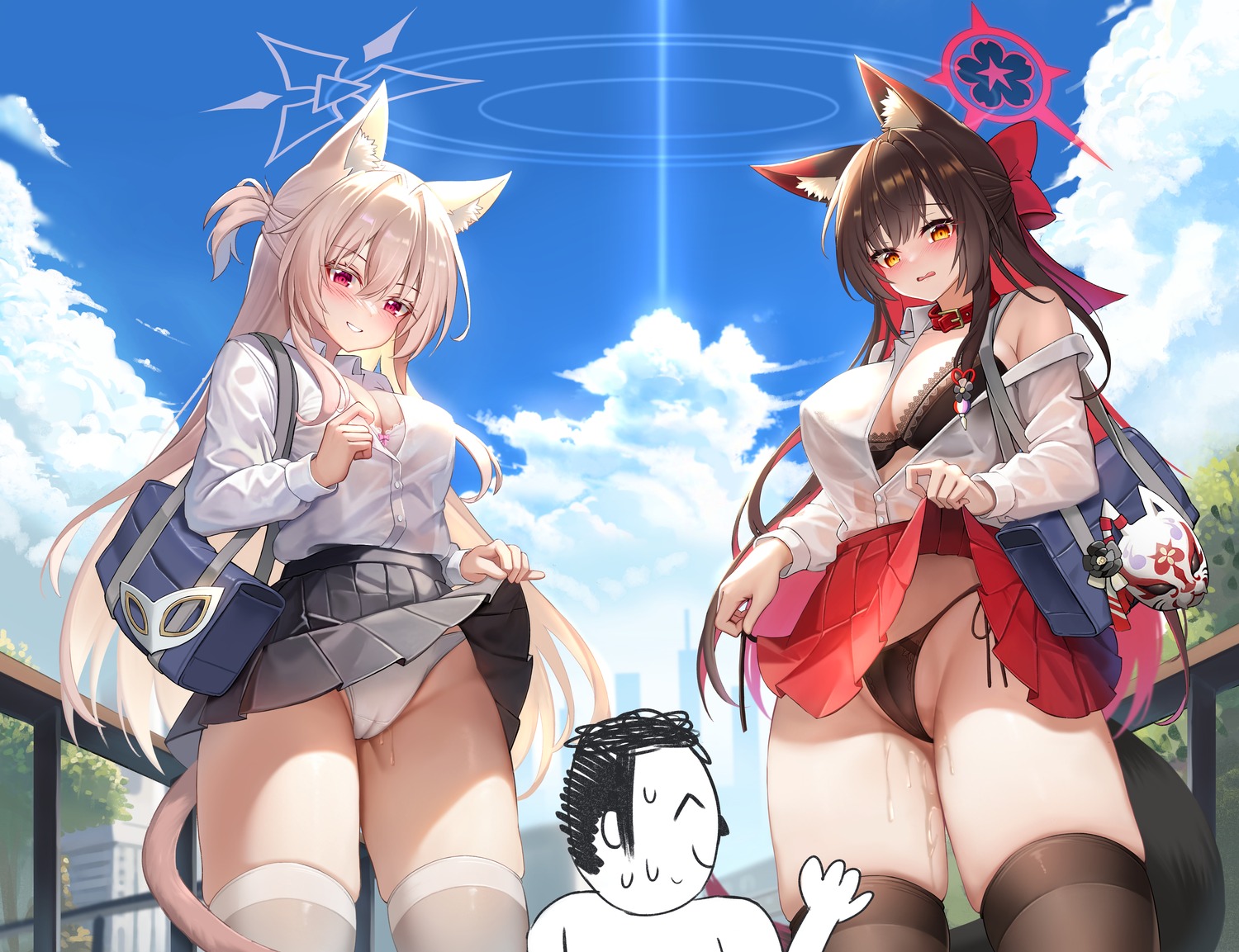 animal_ears blue_archive bra cameltoe halo kitsune kiyosumi_akira kosaka_wakamo nekomimi open_shirt pantsu pussy_juice see_through seifuku skirt_lift string_panties tail thighhighs thong tun_chicken