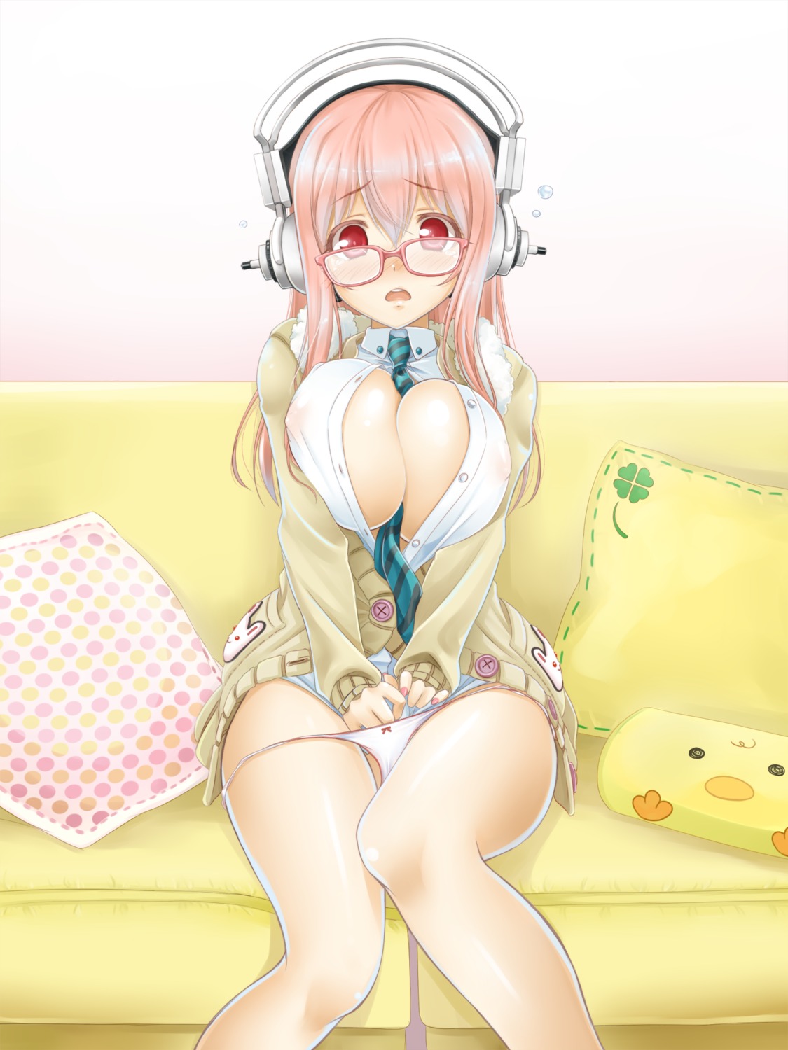 areola cleavage erect_nipples headphones megane no_bra okitakung open_shirt pantsu panty_pull sonico super_sonico