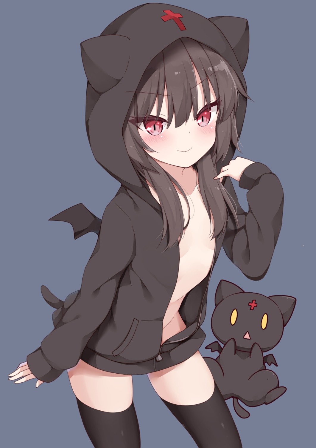 animal_ears bottomless chomusuke kamu_(geeenius) kono_subarashii_sekai_ni_shukufuku_wo! loli megumin neko nekomimi no_bra open_shirt tail thighhighs wings