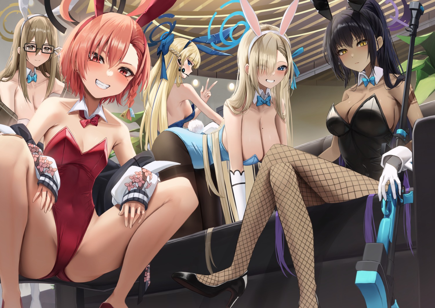 anemone_noa animal_ears asuma_toki blue_archive bunny_ears bunny_girl fishnets gun halo heels ichinose_asuna kakudate_karin loli megane mikamo_neru murokasa_akane no_bra pantyhose tail tattoo