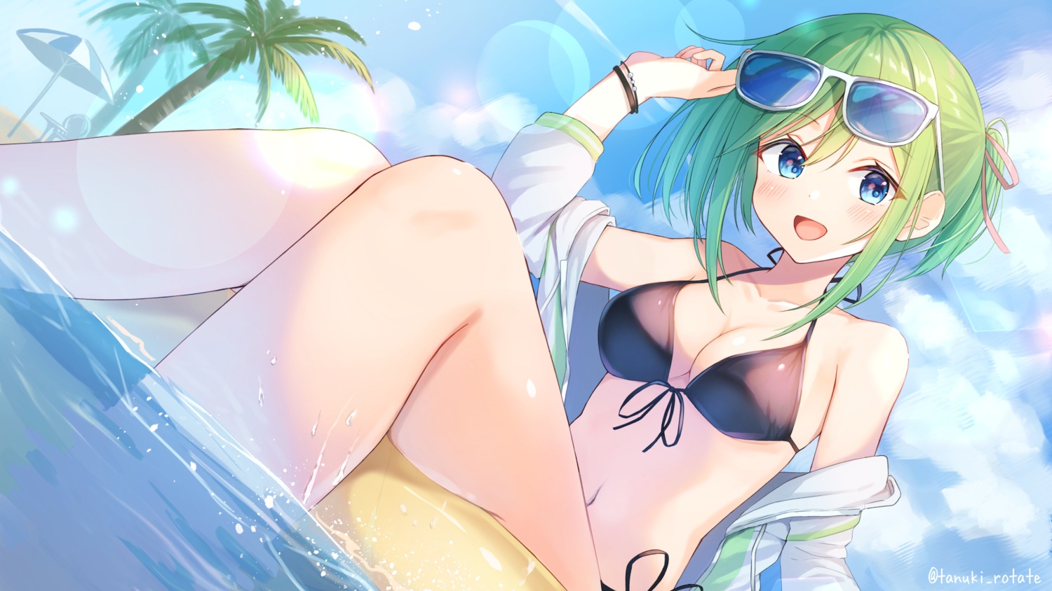 bikini cleavage megane open_shirt shirai_tanuki swimsuits wallpaper wet