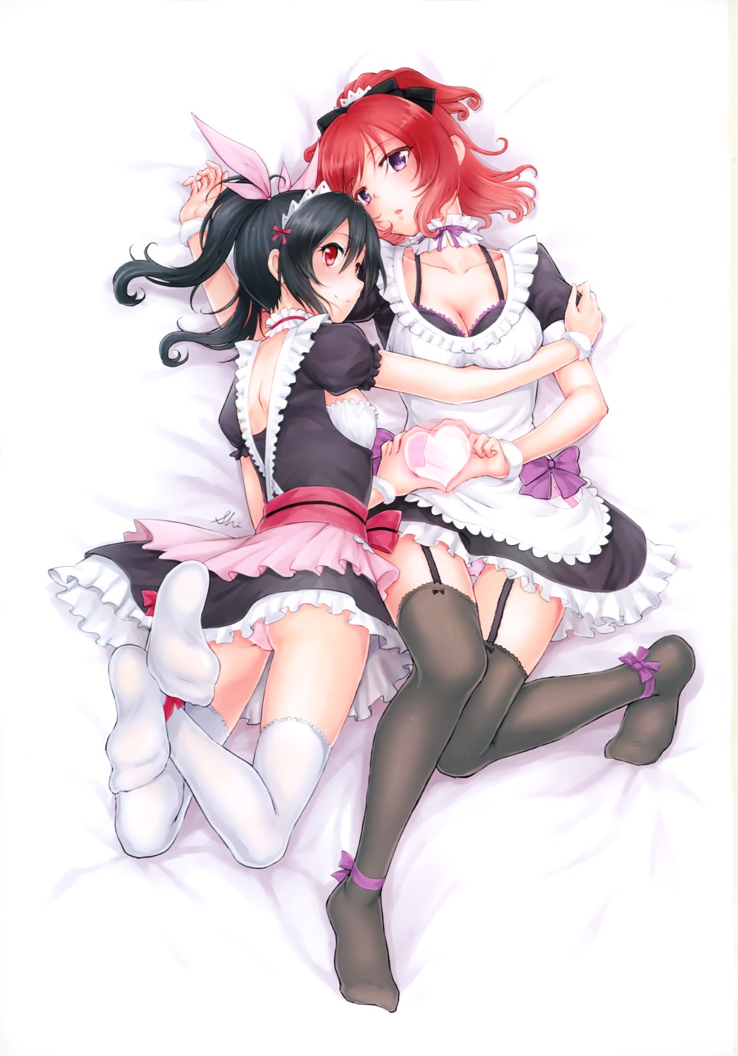 bra cleavage feet love_live! maid nishikino_maki no_bra pantsu shizuhime skirt_lift stockings thighhighs yazawa_nico