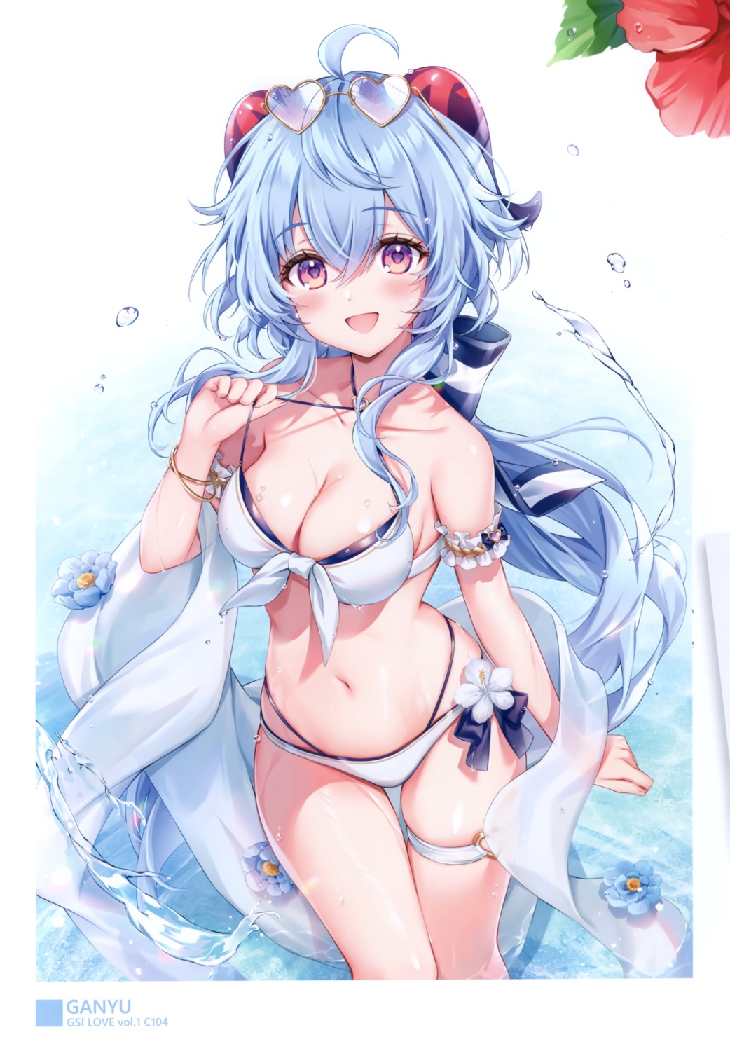 amaki amaki_ruto bikini ganyu garter genshin_impact horns megane swimsuits undressing wet