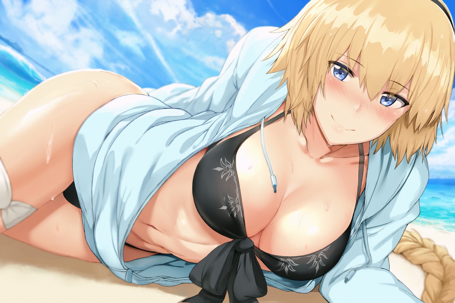 bikini cleavage fate/grand_order garter hews jeanne_d'arc jeanne_d'arc_(fate) open_shirt swimsuits