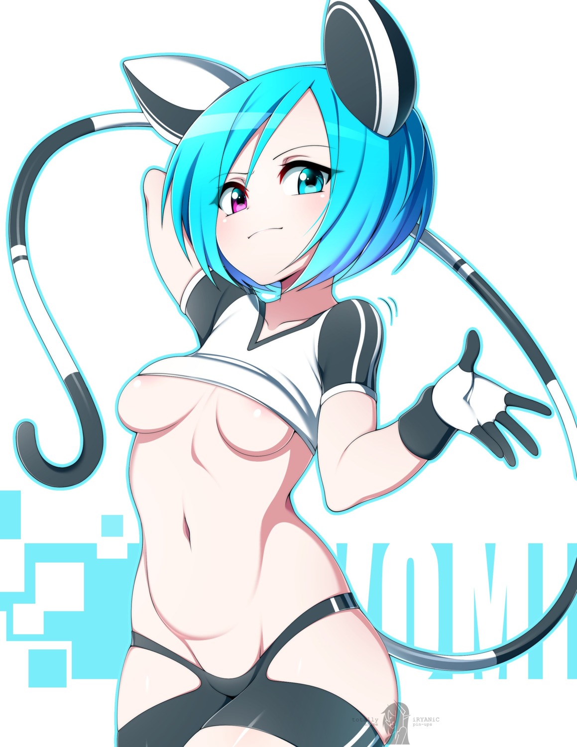 animal_ears areola bike_shorts breasts gym_uniform heterochromia nekomimi no_bra nopan shirt_lift slugbox tail