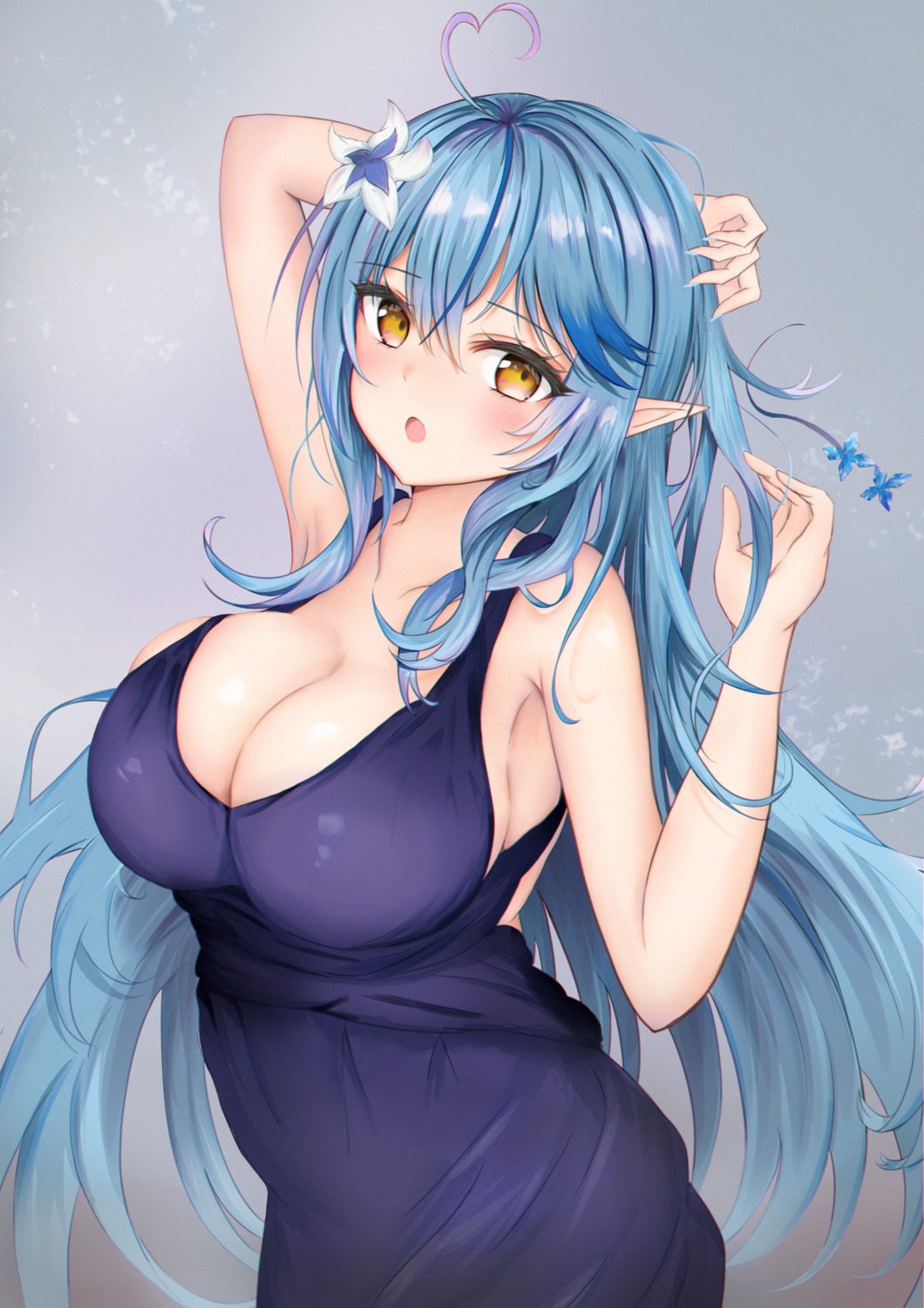 cleavage dress elf hololive mito_soosu no_bra pointy_ears yukihana_lamy