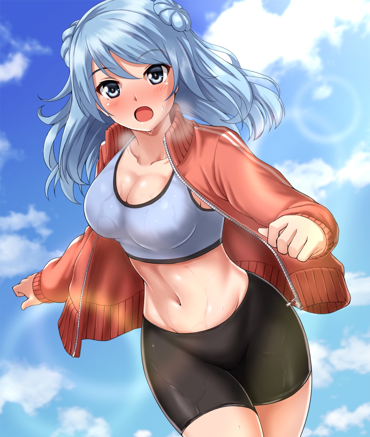 bike_shorts cleavage kantai_collection open_shirt urakaze_(kancolle) wet zanntetu